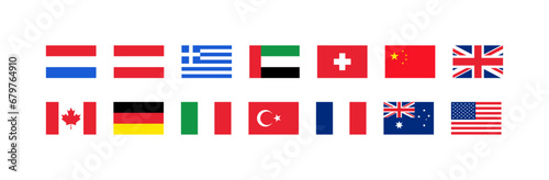 Collection of national flags. Flat, color, set of isolated country flags, national flags of popular countries icons. Vector icons