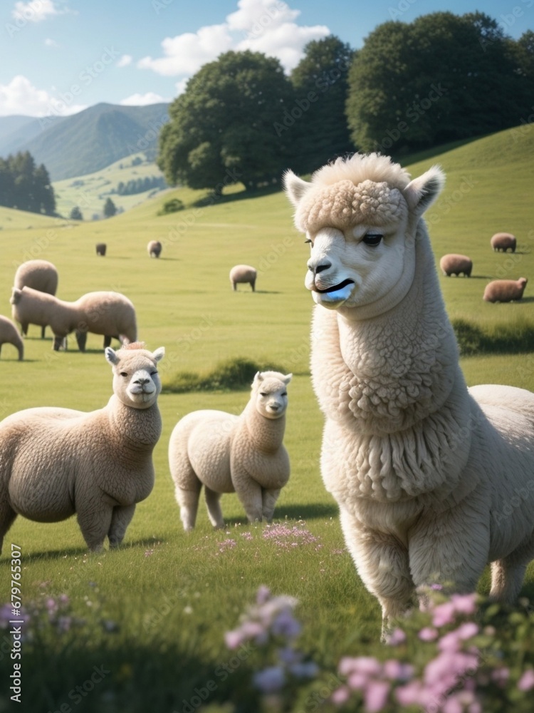 fluffy meadow companions 8K UHD scene captures the charming nature of alpacas peacefully grazing in a meadow a visual treat of pastoral tranquility