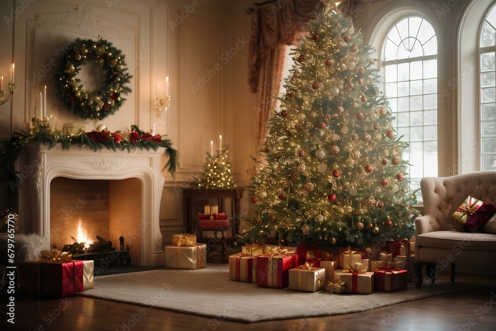 christmas tree with fireplace, twinkling lights and ornaments Christmas magic holiday warm cheer