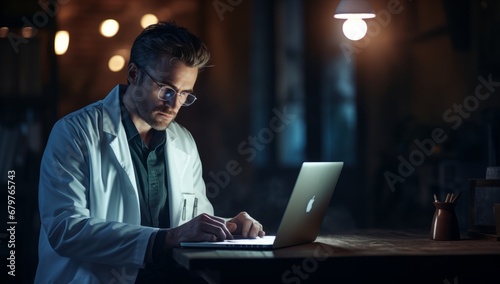 Scientist in a Lab Coat Conducting Research and Analyzing Data on a Laptop © Marius