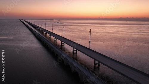 Aerial shot of the Seven Mile Bridge in Florida at Twilight. The bridge connects the Florida Keys on the way to Key West photo