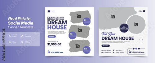 Editable real estate house sale and home rent advertising geometric modern square Social media post banner layouts set for digital marketing agency. Business elegant Promotion template design. (ID: 679766138)
