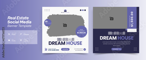 Editable real estate house sale and home rent advertising geometric modern square Social media post banner layouts set for digital marketing agency. Business elegant Promotion template design. (ID: 679766153)