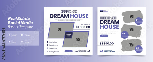 Editable real estate house sale and home rent advertising geometric modern square Social media post banner layouts set for digital marketing agency. Business elegant Promotion template design. (ID: 679766156)