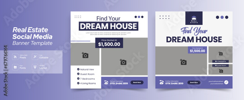 Editable real estate house sale and home rent advertising geometric modern square Social media post banner layouts set for digital marketing agency. Business elegant Promotion template design. (ID: 679766164)