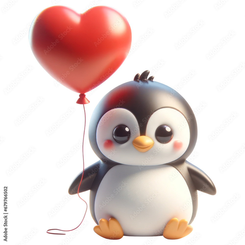 3D Penguin holding heart balloon transparent background 3D Penguin holding heart balloon transparent background