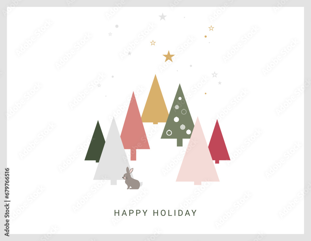 Elegant Pastel Christmas forest with snow hare, bunny and Stars, christmas card,  Vector Illustration, happy holiday
