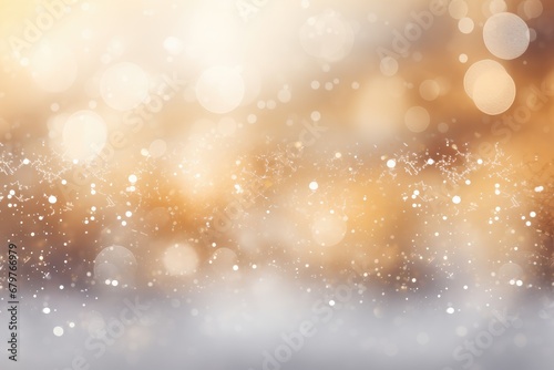 Snowfall texture on blurry background. Silver and gold abstract blurred bokeh lights. Christmas and New Year holiday backdrop with copy space