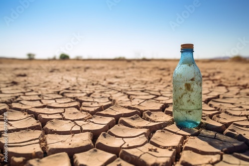 A cracked and scorched landscape with an empty glass bottle symbolizing the shortage of water resources
