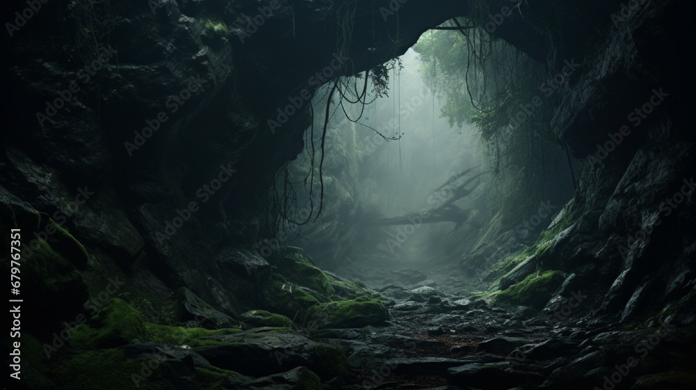 In a gloomy woodland, there is a cave. In a gloomy woodland, there is a cave.