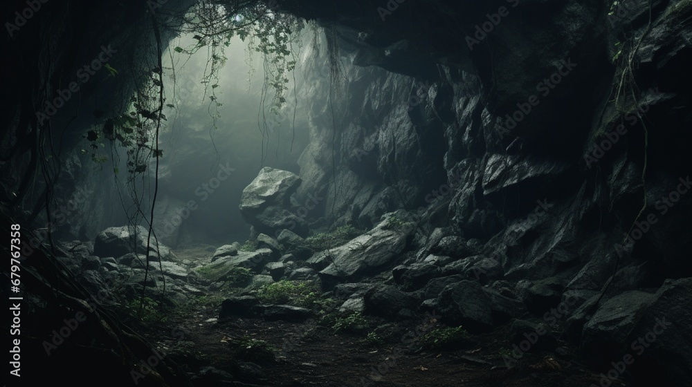 In a gloomy woodland, there is a cave..