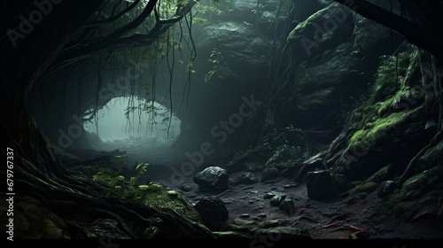 In a gloomy woodland, there is a cave..