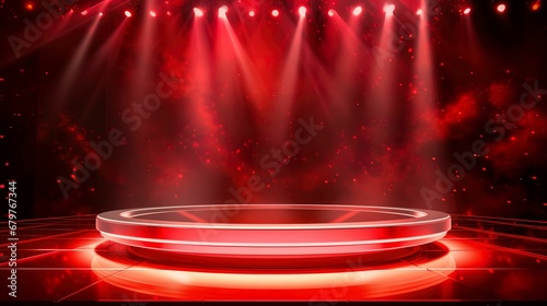 Red stage spotlight. Abstract background, round podium illuminated by neon lights.  photo