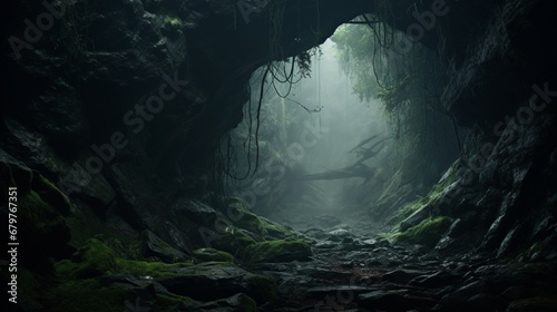 In a gloomy woodland, there is a cave.