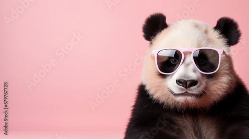Cute panda bear wearing sunglasses on pink background with copy space © TAMA KUN