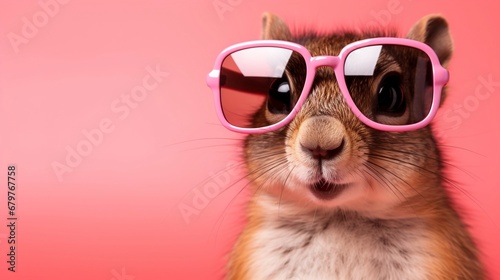 Funny squirrel wearing pink sunglasses on a pink background.