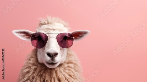Cute sheep wearing sunglasses on pink background. Copy space.