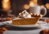 Slice of traditional pumpkin pie for Thanksgiving dinner topped with whipped cream