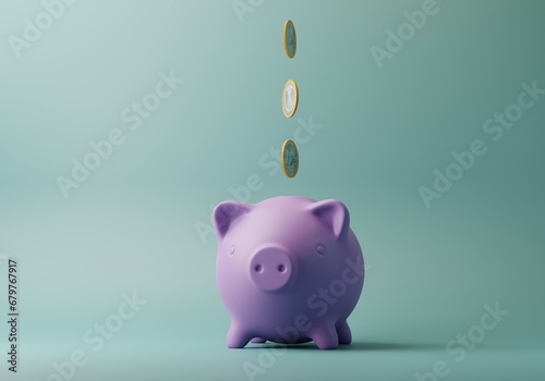 Piggy Bank and Coins on plain blue background. Investment and Saving concept. Minimal 3d rendering