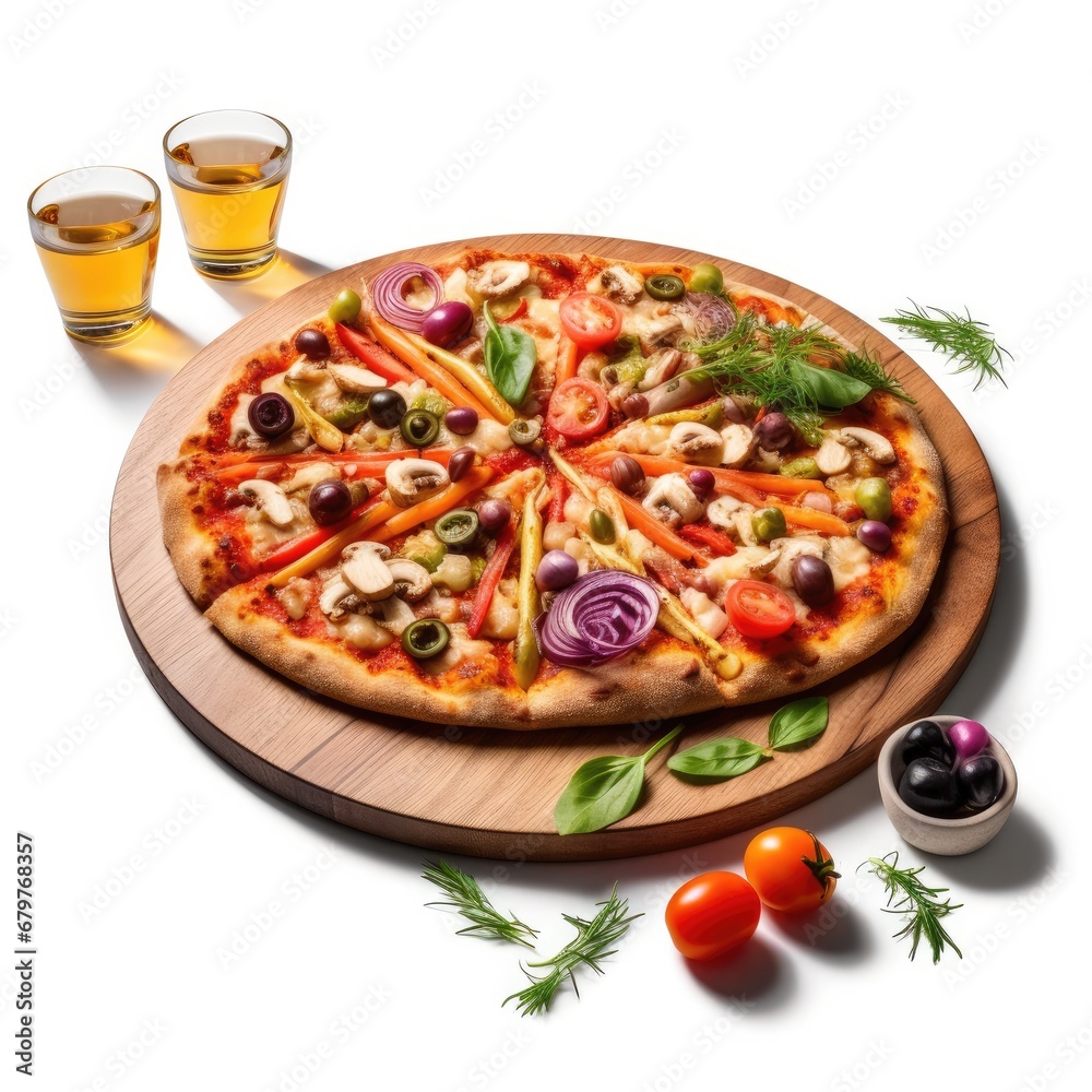 Pizza w Vegetables on Wooden Board