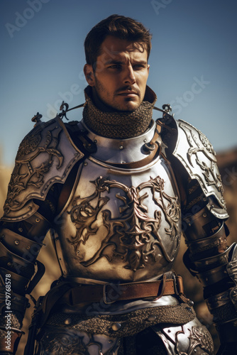Knight in shining armor, raising a sword 