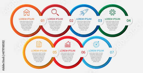 Desain Infografis Bisnis sederhana, vektor
templat dengan garis warna warni, ikon, angka dan
7 pilihan atau langkah. Dapat digunakan untuk proses diagram,
presentasi, tata letak alur kerja, spanduk, d