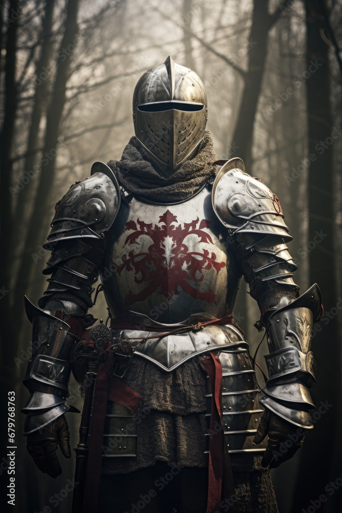 Knight in shining armor, raising a sword	