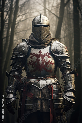 Knight in shining armor, raising a sword	