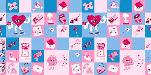 Seamless pattern for Valentine's Day. Vector background with character heart, cute cupid and other elements.