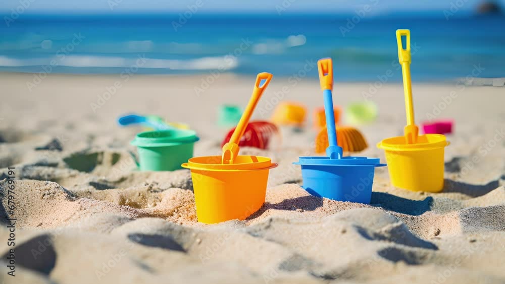 As the pail and shovel rest upon a bed of soft sand, they seem to blend in with their surroundings, almost becoming a part of the beach itself. They are the quintessential beach toys, ready As the pail and shovel rest upon a bed of soft sand, they seem to blend in with their surroundings, almost becoming a part of the beach itself. They are the quintessential beach toys, ready