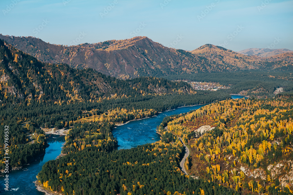 Autumn October Landscape in Altai region, Russian republic in southern Siberia, Russia, with winding blue Katun river and mountains, Aerial top view.