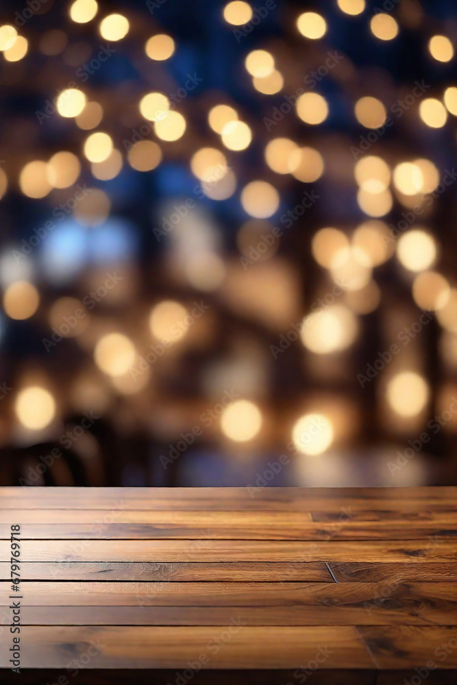 Empty wooden table and bokeh lights background. For product display Empty wooden table and bokeh lights background. For product display