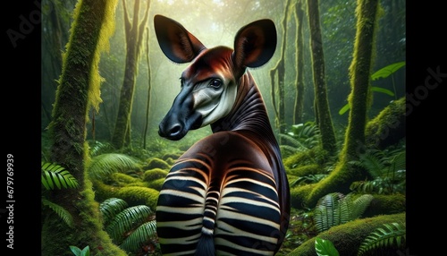 Okapi (Okapia johnstoni) in the rainforest, unique stripes.
 photo