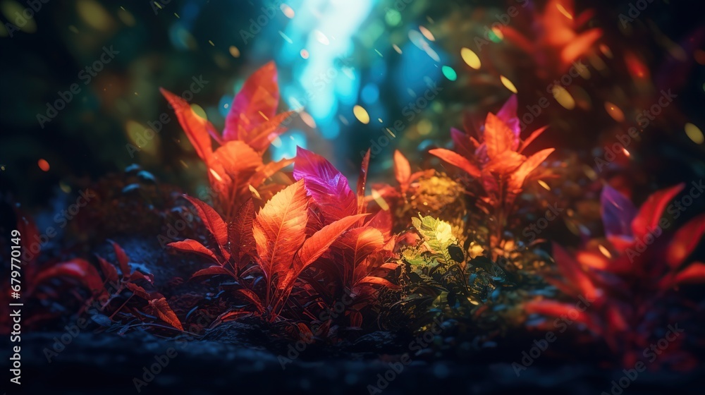 Fantasy landscape with plants and neon lights. 3d illustration