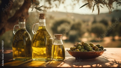 Bottle of natural extra virgin olive oil and green olives with leaves branch on olive trees farm photo