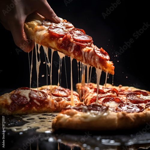 Close-up of a hand-picking up a single slice of pepperoni pizza  high-resolution photography.