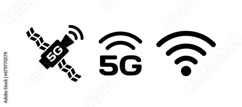 5G signal icons. Silhouette, 5G satellite, Wi-Fi, 5G signal. Vector icons