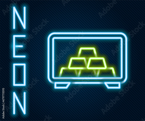 Glowing neon line Safe with gold bars icon isolated on black background. Precious metals on deposit in bank. Metallic treasury. Reliable data protection. Colorful outline concept. Vector