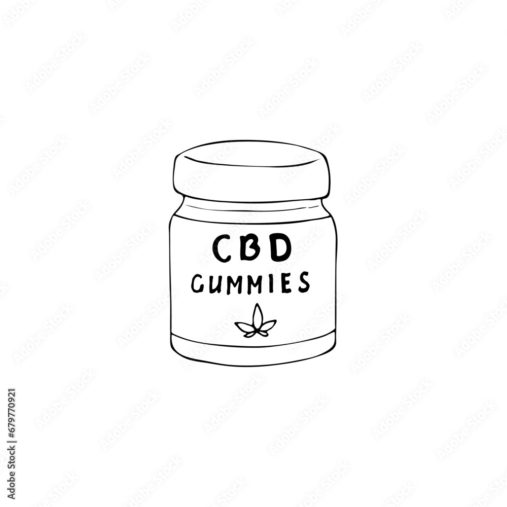 Hand drawn CBD gummies in bottles. Cannabis gummies for healthcare. Medical cannabis marijuana. Vector illustration isolated on white background Hand drawn CBD gummies in bottles. Cannabis gummies for healthcare. Medical cannabis marijuana. Vector illustration isolated on white background
