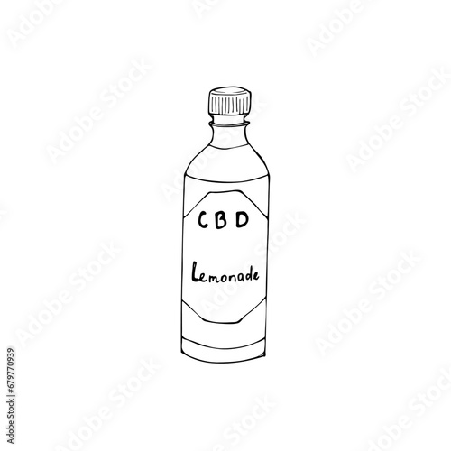 Cannabis beverage in doodle style isolated on white background. Hand-drawn CBD. Fresh cannabis juice. Healthy drink concept.