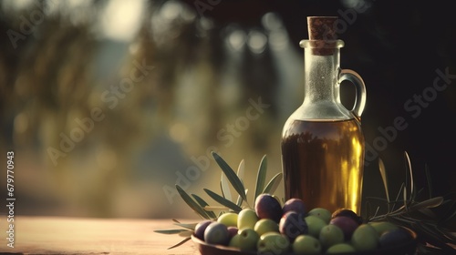Bottle of natural extra virgin olive oil and green olives with leaves branch on olive trees farm