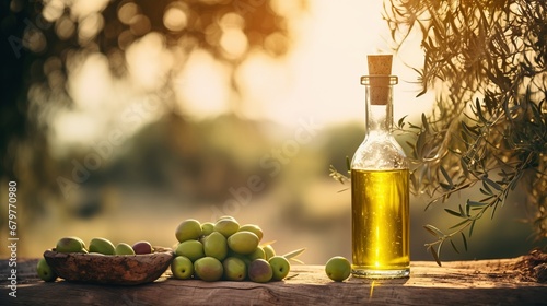 Bottle of natural extra virgin olive oil and green olives with leaves branch on olive trees farm