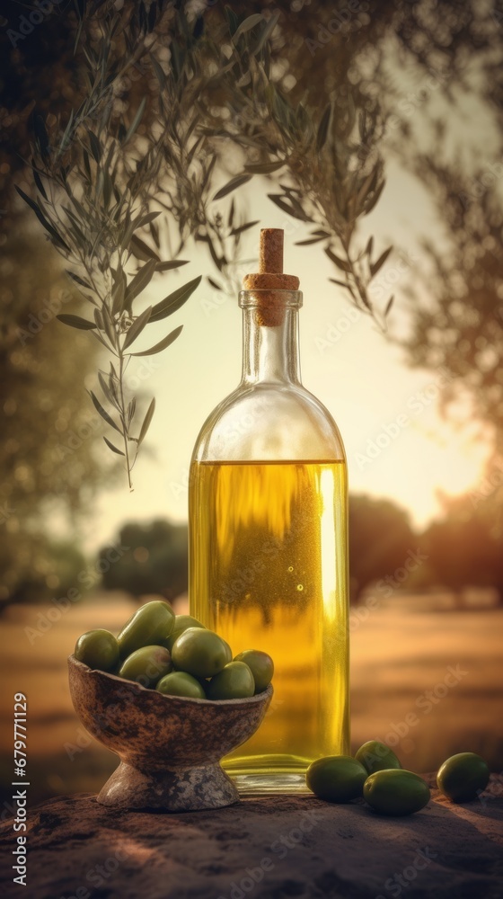 Bottle of natural extra virgin olive oil and green olives with leaves branch on olive trees farm Bottle of natural extra virgin olive oil and green olives with leaves branch on olive trees farm