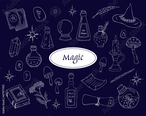 Magical doodle elements, magic poison bottles, crystal ball, witchcraft book and caldron, tarot cards. Collection of Mystical objects. Esoteric doodle elements and logo icons with hands, raven dagger.