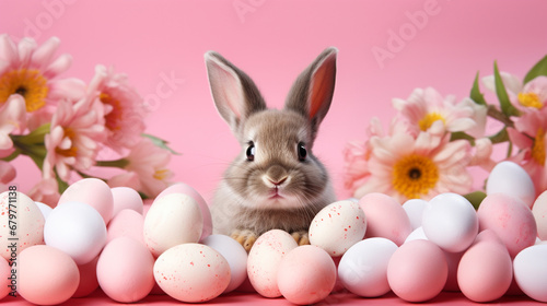 Cute rabbit and colorful Easter eggs on a pink background. Generative AI photo