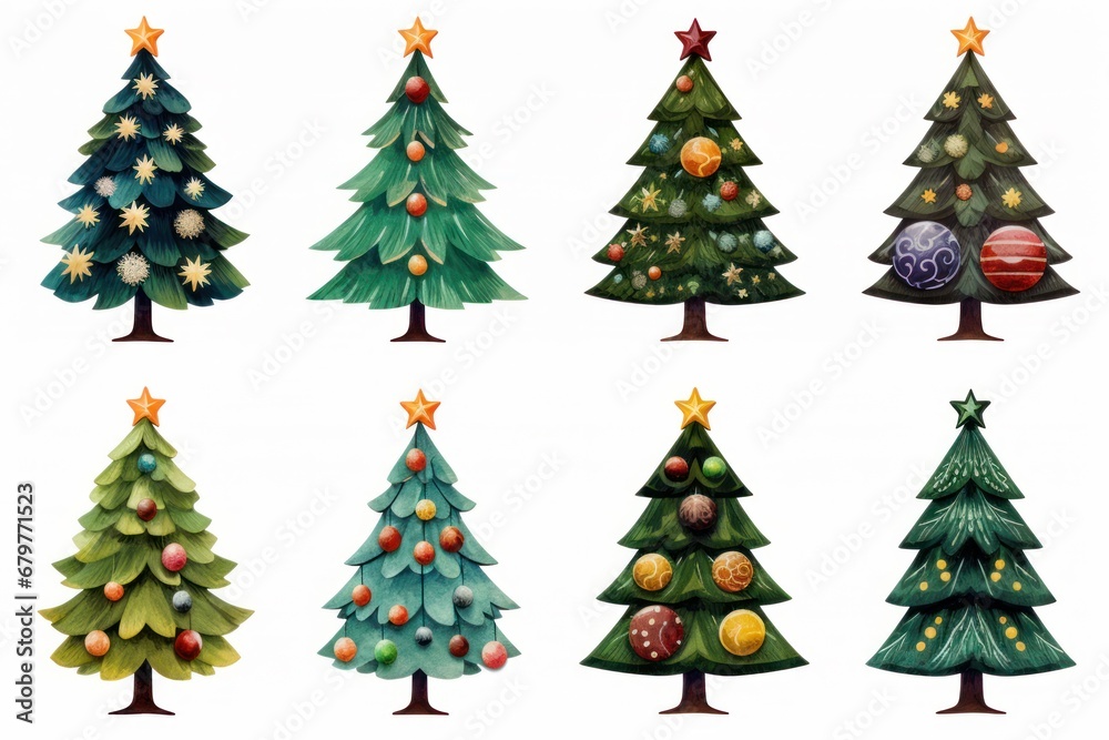 Collage of Christmas trees isolated on diferent backgrounds. Copy space and Christmas like decorations
