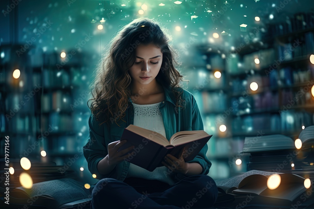 young female reading mysterious magic book in library with glitter glow light, Generative Ai young female reading mysterious magic book in library with glitter glow light, Generative Ai