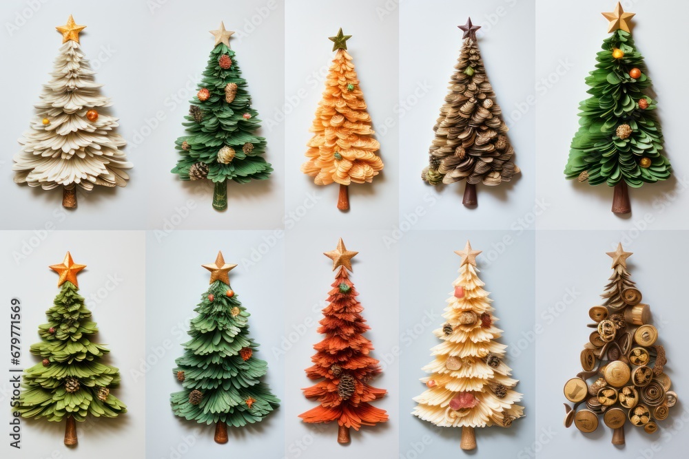 Collage of Christmas trees isolated on diferent backgrounds. Copy space and Christmas like decorations