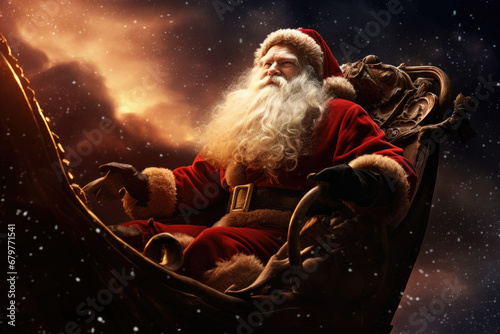 Santa in his sleigh, soaring through the night sky,