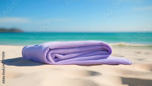 Closeup of a compact and quickdrying microfiber towel, ideal for throwing in a beach bag and using throughout the day. photo